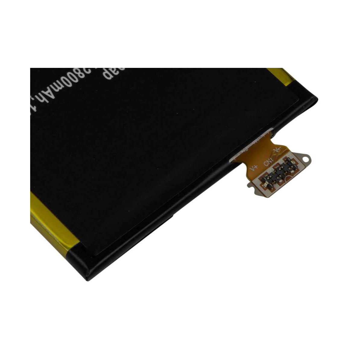 Batteria nera con bordo giallo e cavo di collegamento.