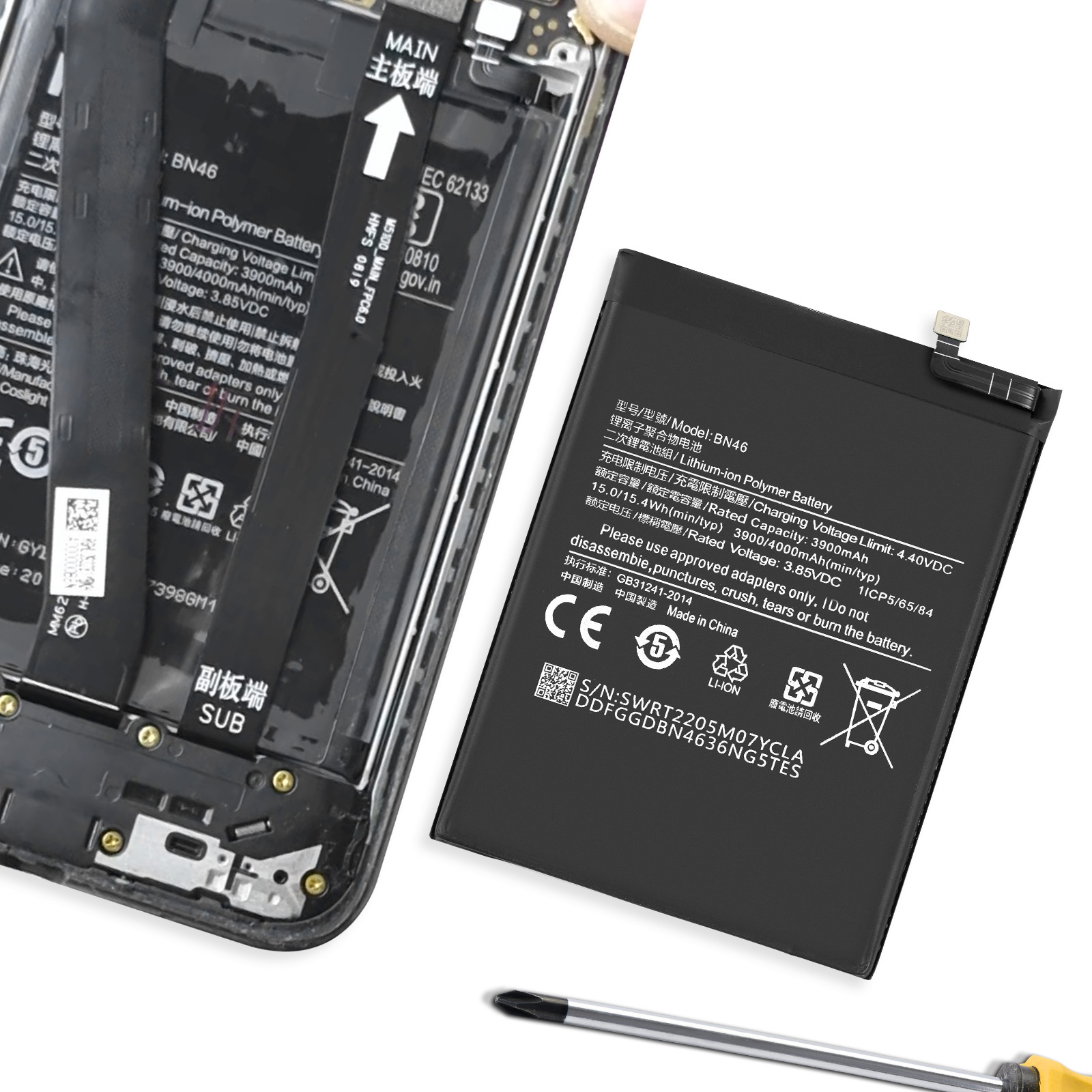 Ein Smartphone-Akku und das Innere eines Smartphones liegen nebeneinander.