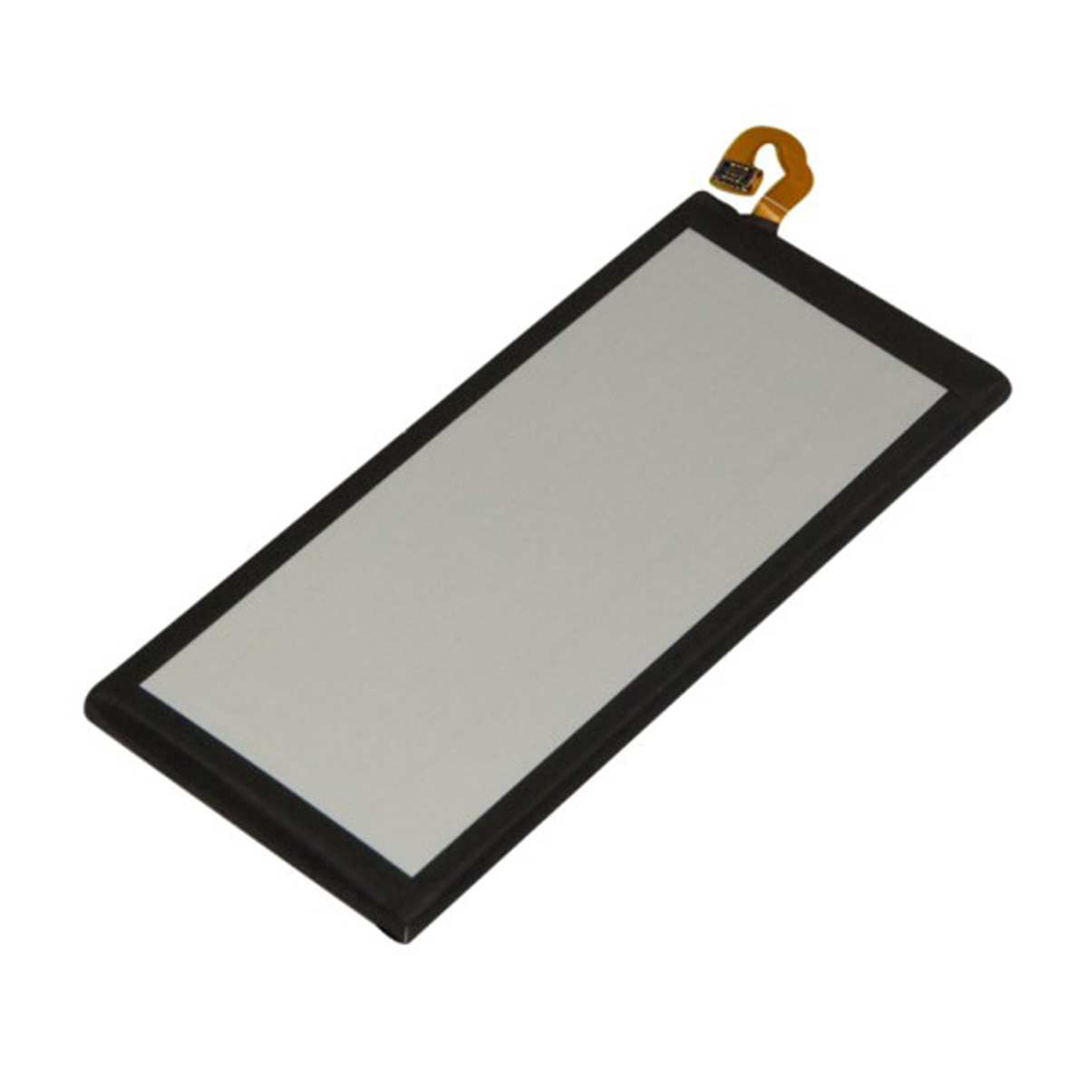 Una batteria piatta e rettangolare con bordo nero e area centrale grigia.