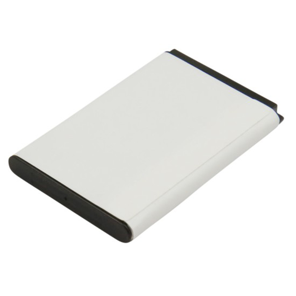 Una batteria rettangolare bianca con bordi neri su sfondo bianco.