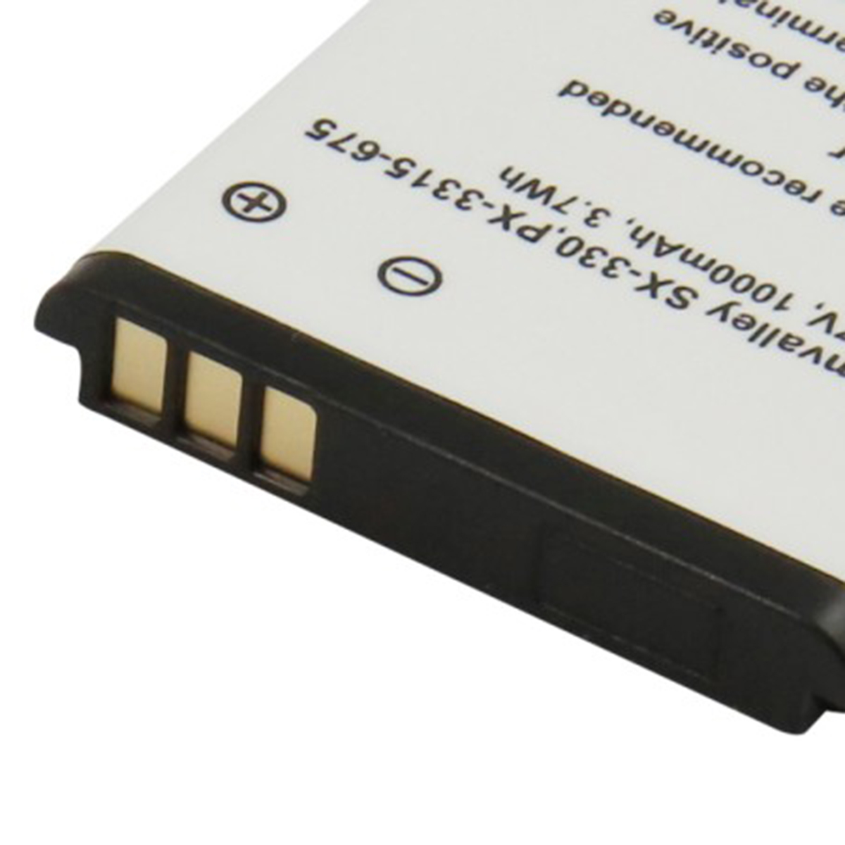 Una batteria bianca con contatti neri e scritte.