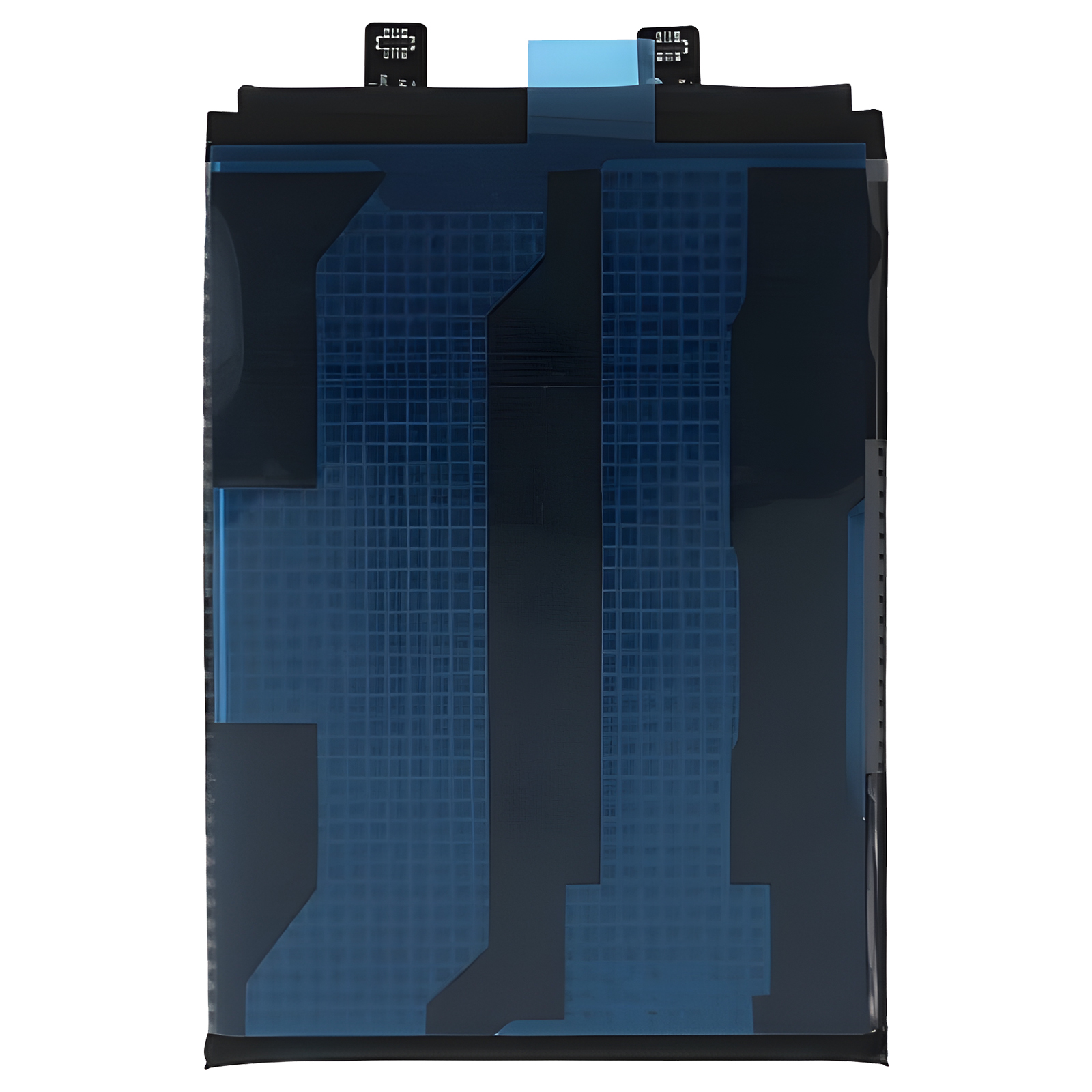 Una batteria rettangolare con segni blu e neri.