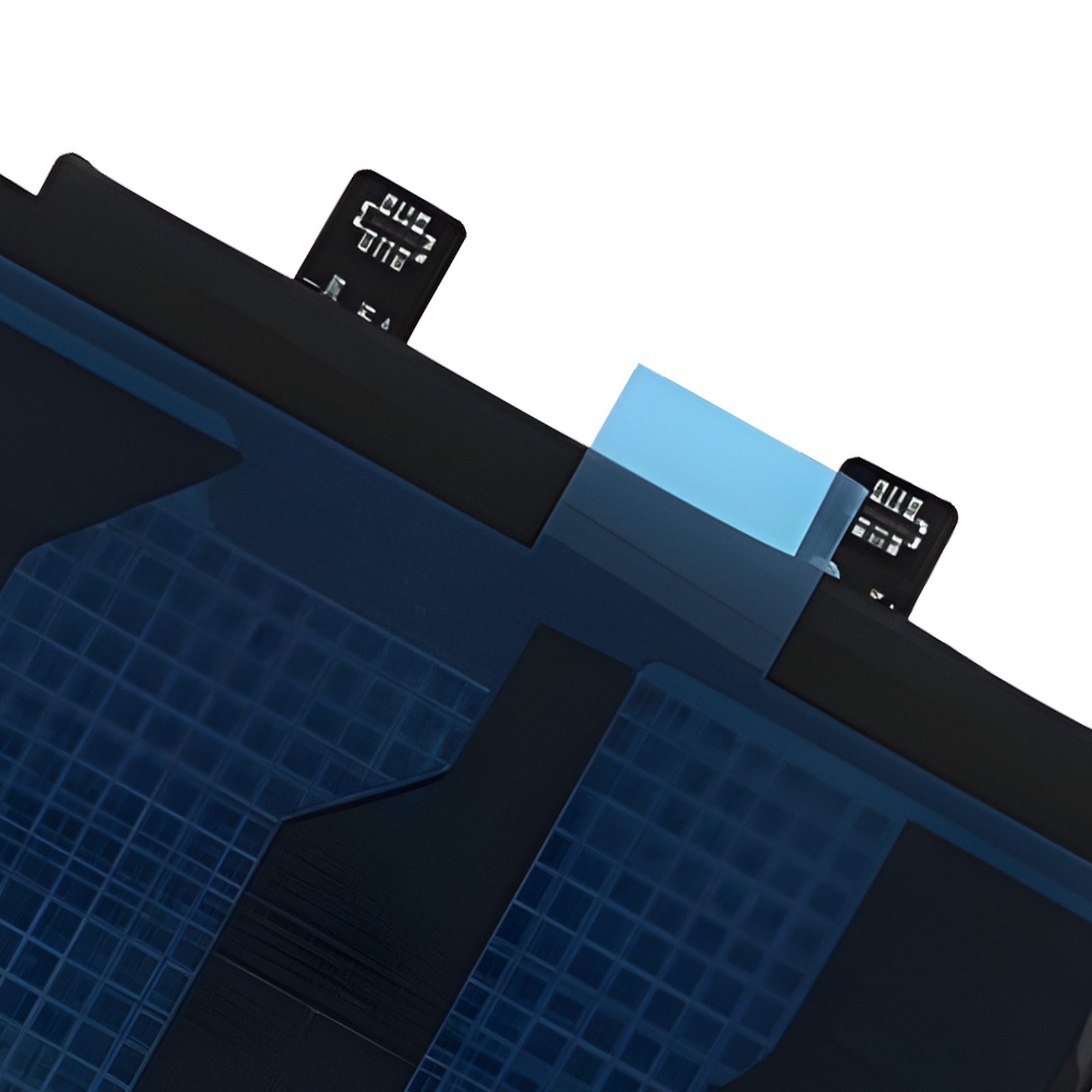 Primo piano di una batteria nera con accenti a griglia blu e due linguette di connessione.
