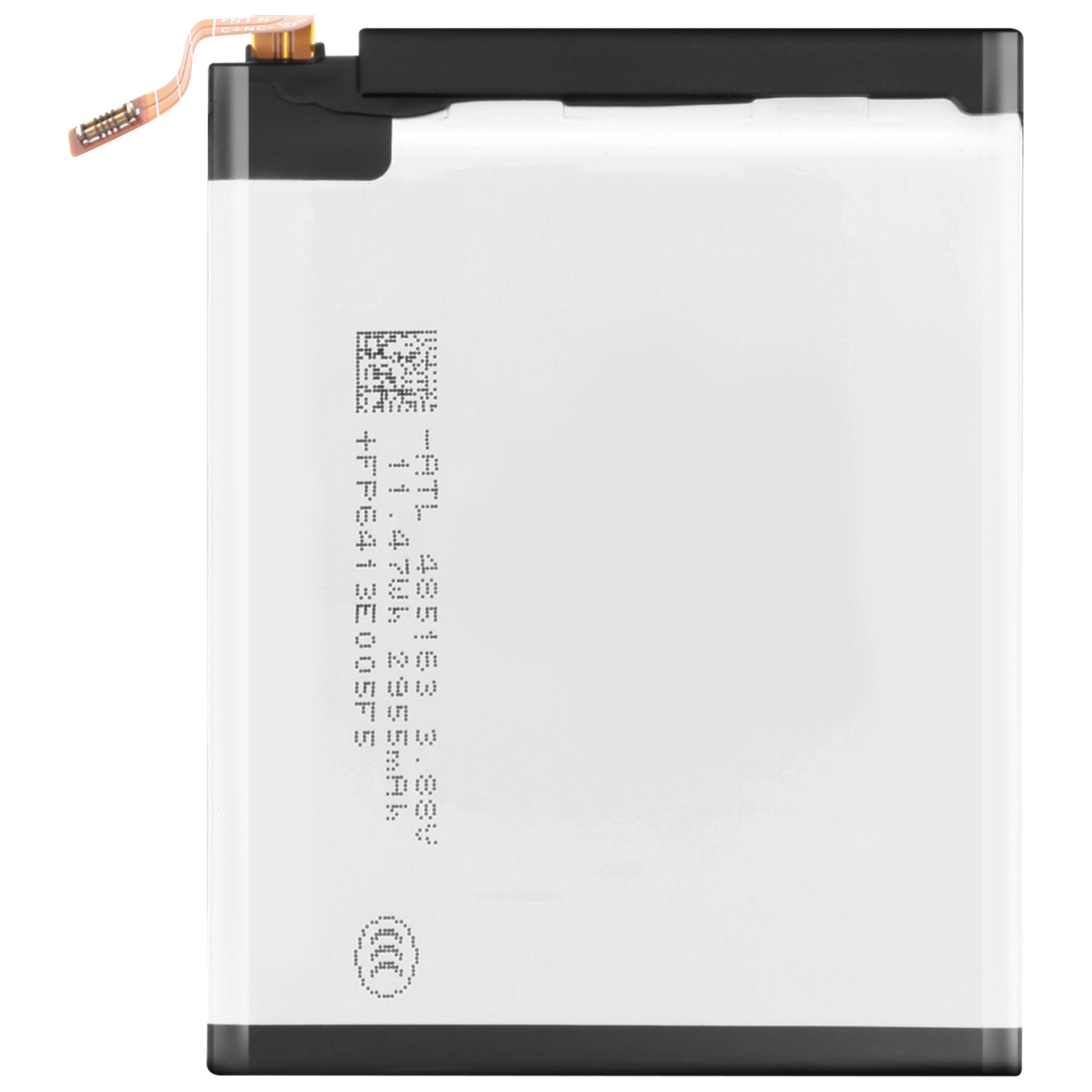 Una batería blanca con conector y cable negros, con texto y código QR.