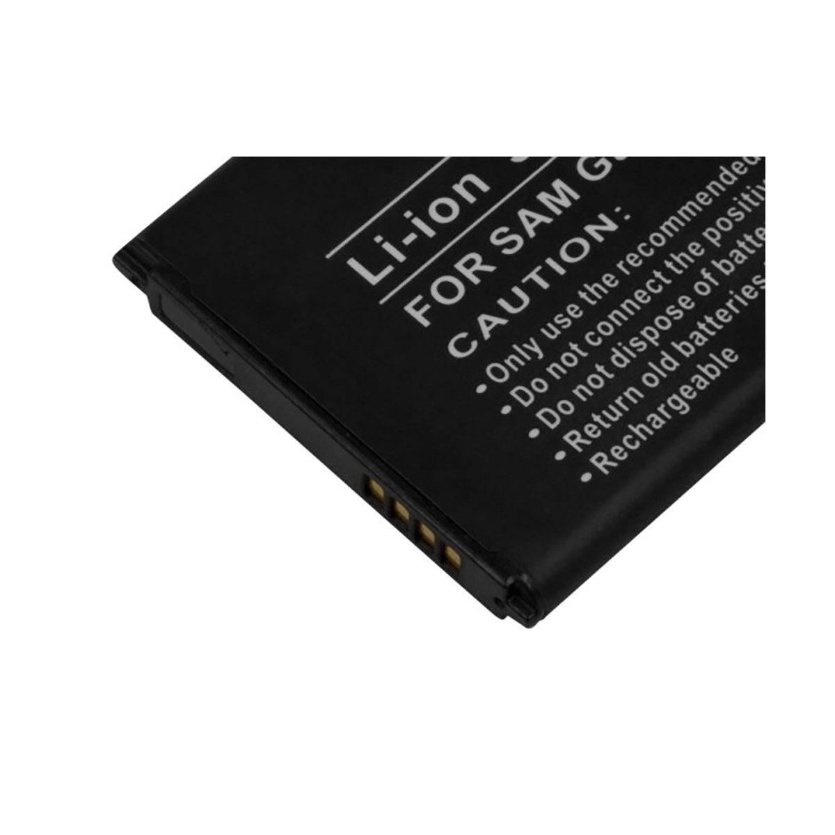 Batteria nera Li-ion con testo di avvertenza e contatti.
