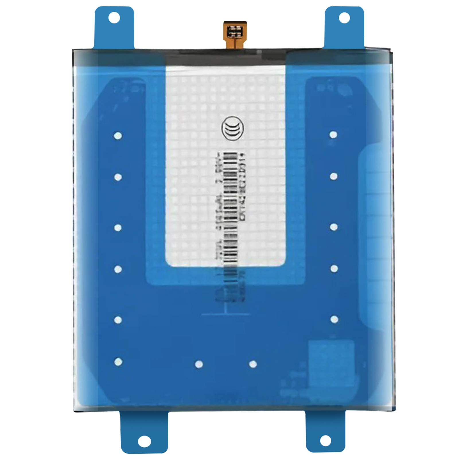 Una batteria rettangolare con nastro blu e punti bianchi. Un connettore in alto.