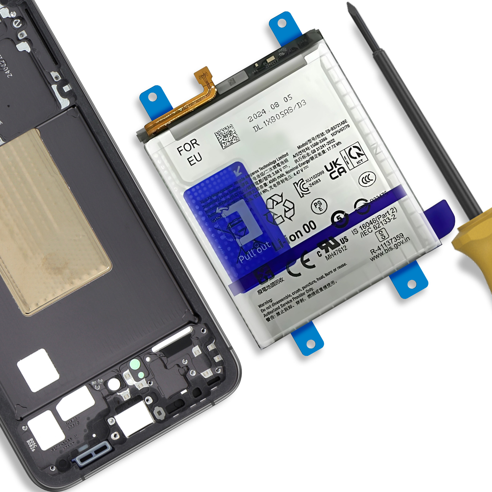 Un telaio per smartphone, batteria e cacciavite su sfondo bianco.