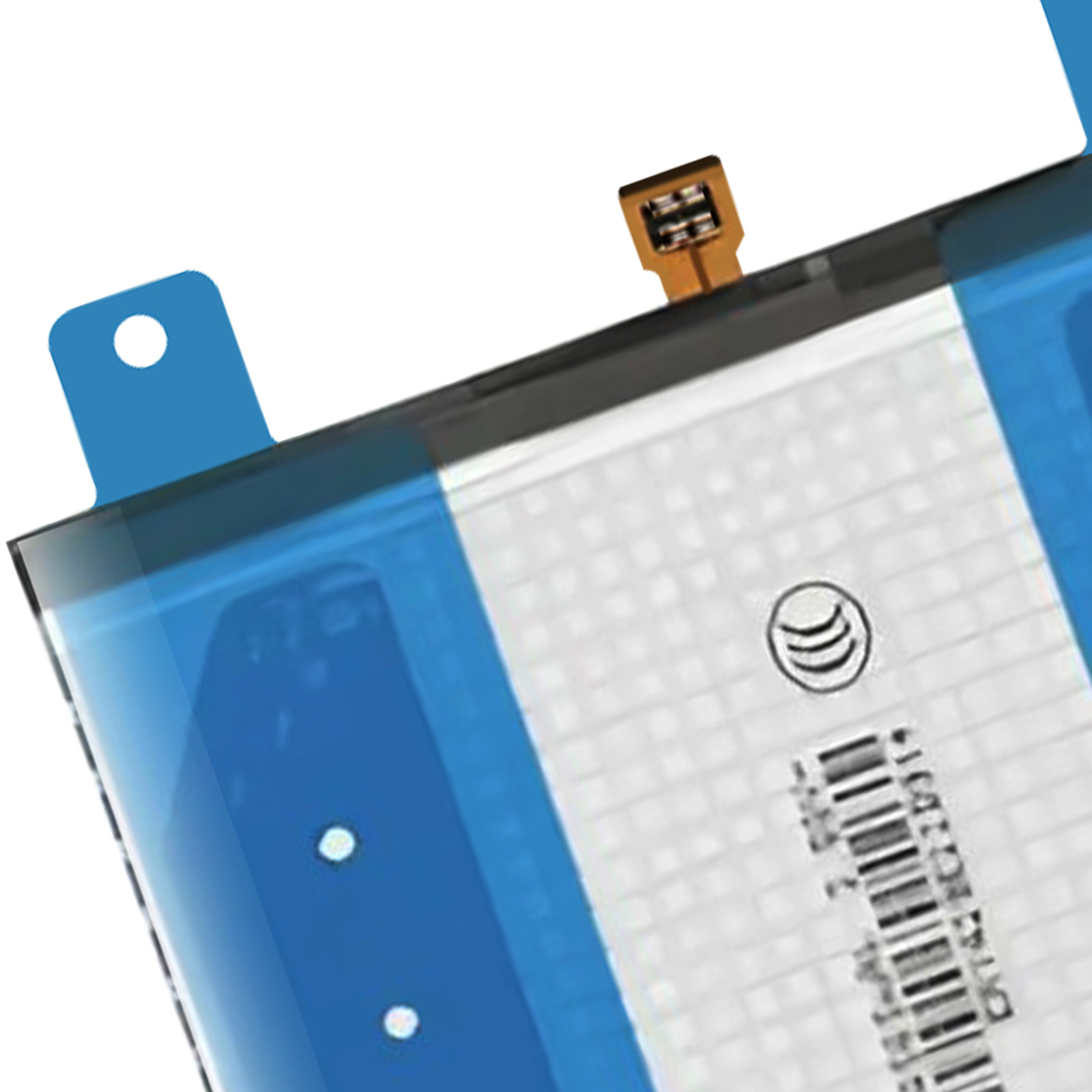 Batteria con nastro blu e connettore dorato.