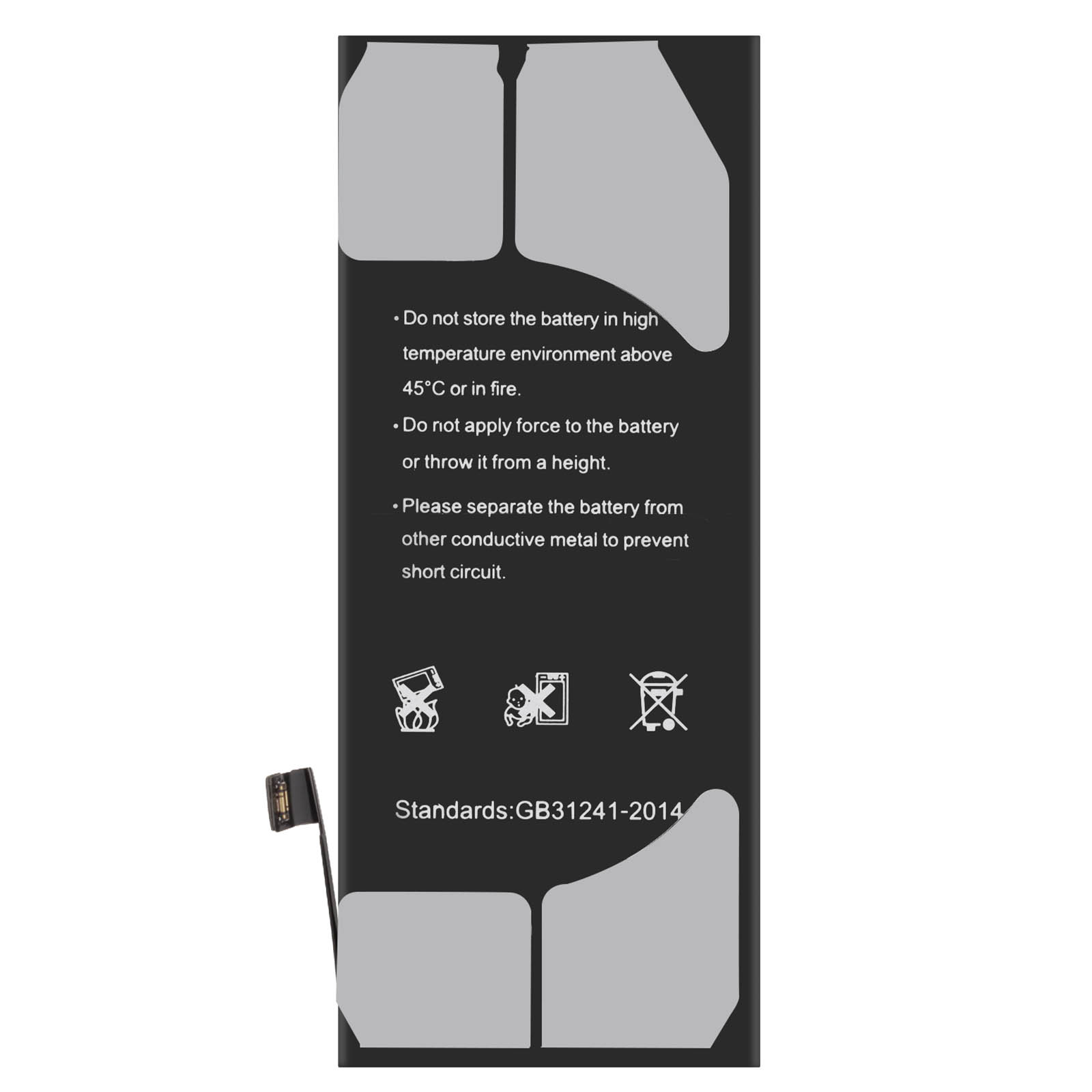 Una batteria nera con simboli di avvertenza e testo.