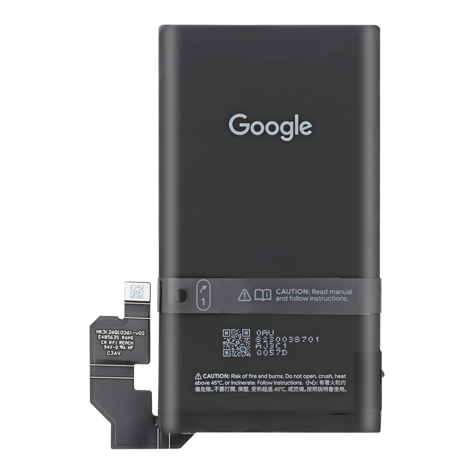 Schwarzer Google Akku mit Kabeln. Enthält Warnhinweise und QR-Codes.