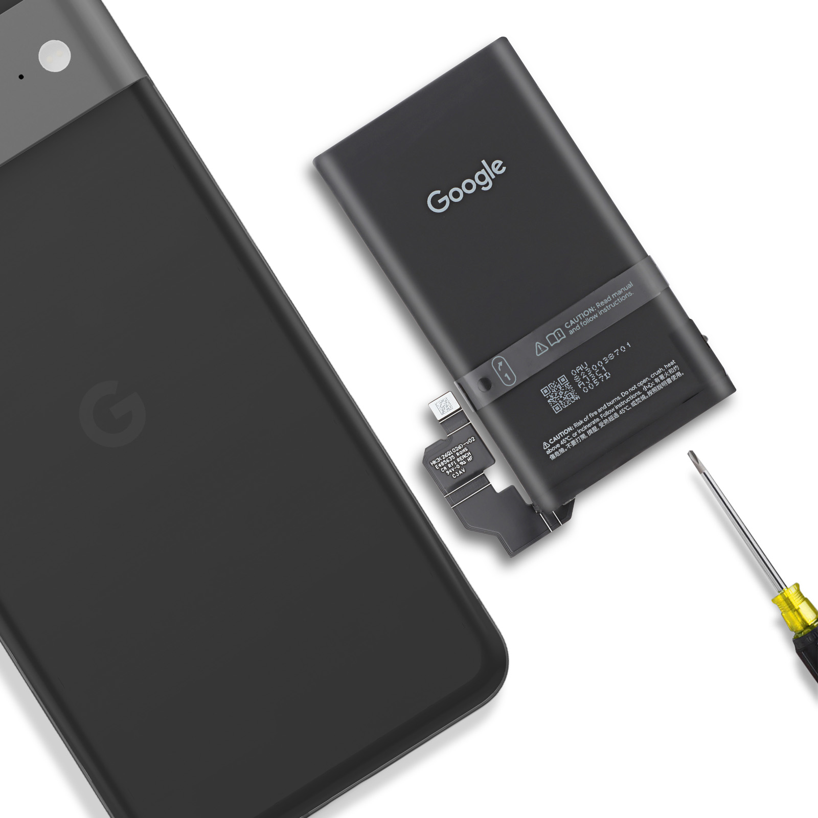 Google-Akku neben einem Smartphone-Gehäuse und einem Schraubendreher.
