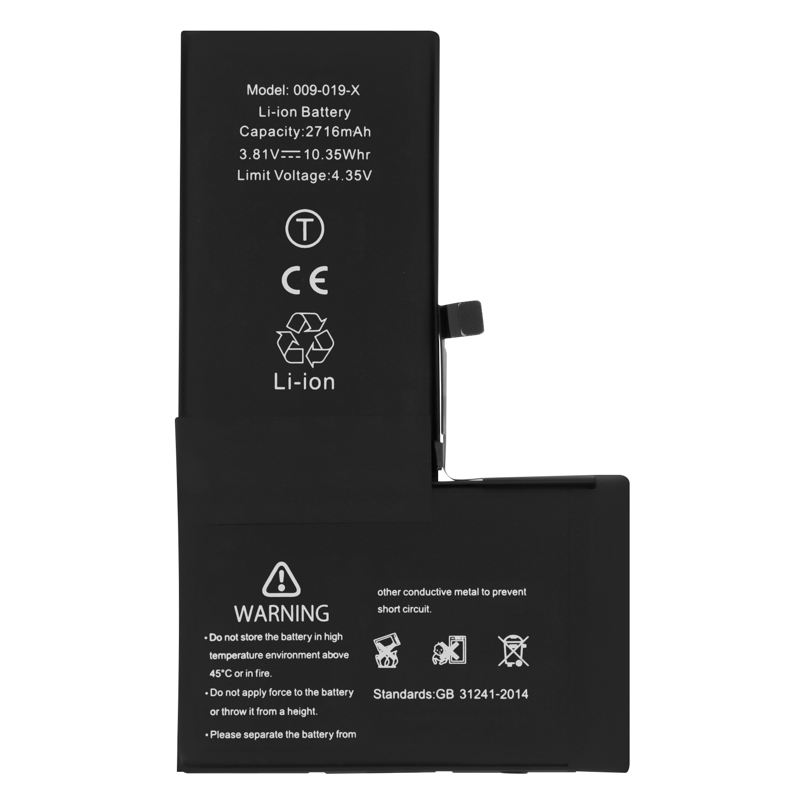Batteria nera agli ioni di litio con numero di modello e simboli di avviso.