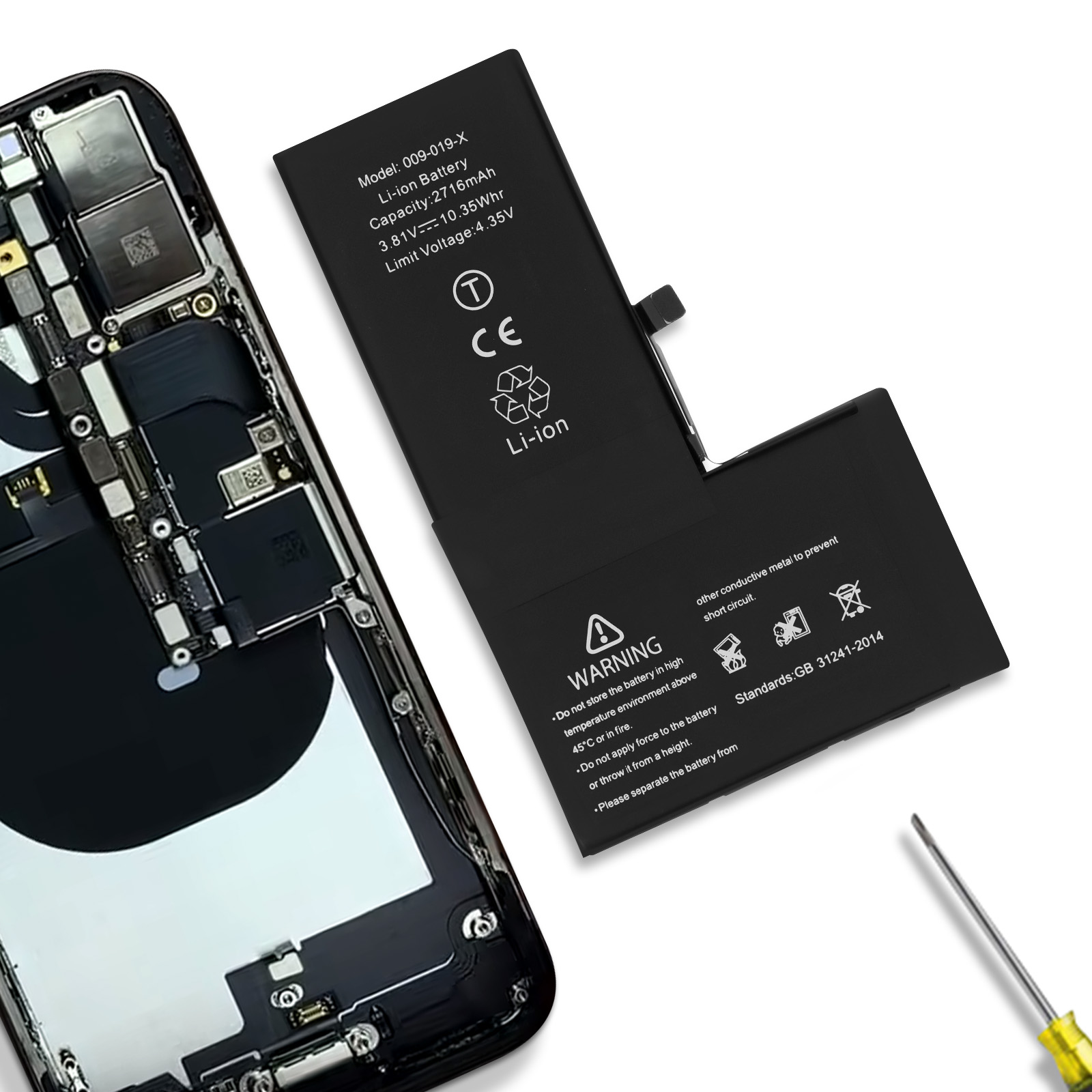 Uno smartphone con la batteria rimossa e attrezzi.