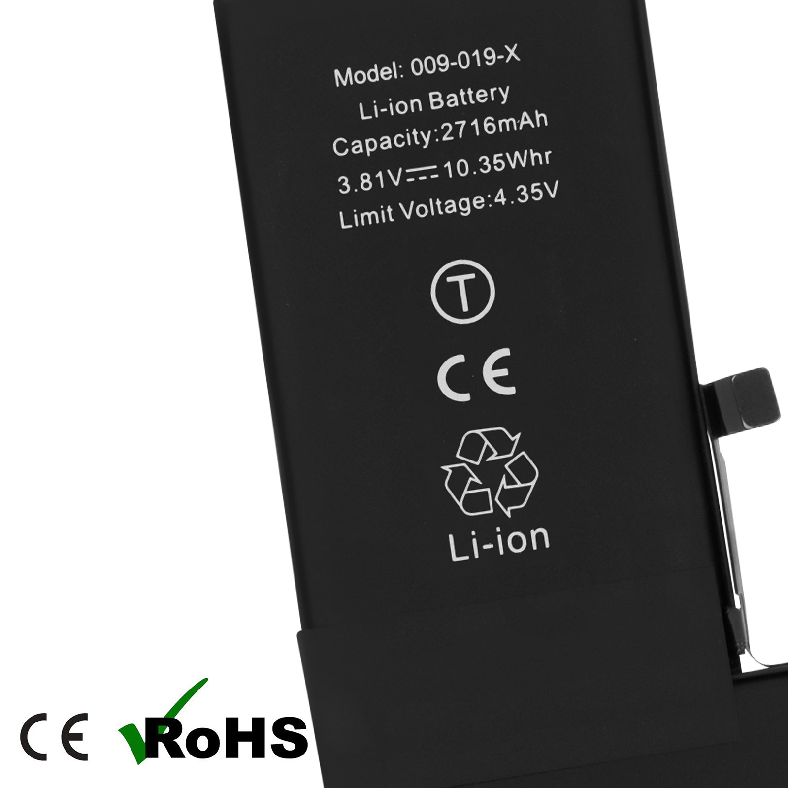 Batteria nera agli ioni di litio con scritte: Modello, Capacità, Voltaggio, sigilli CE e RoHS.