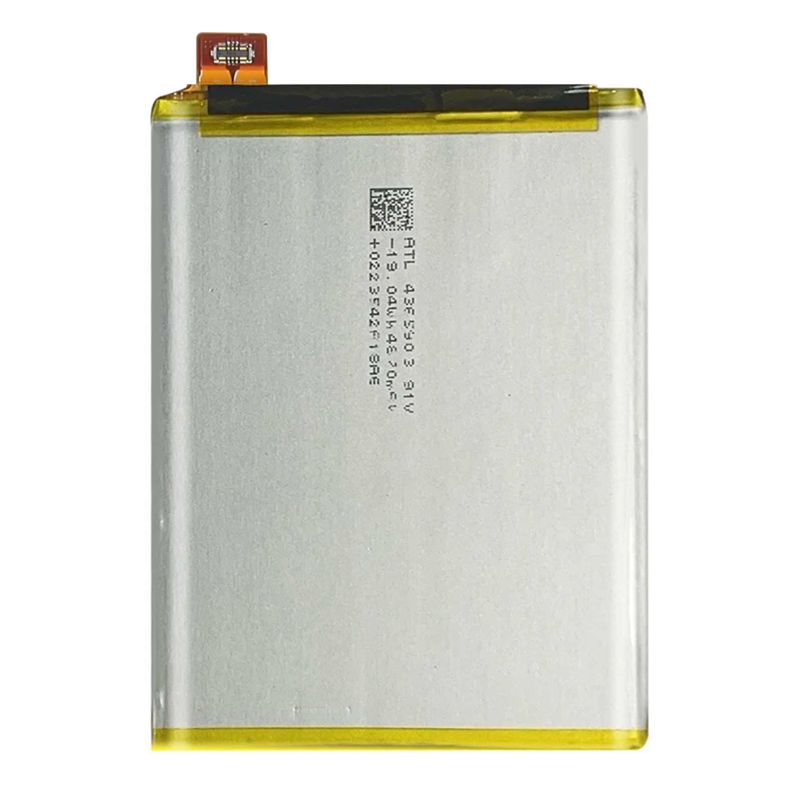 Una batteria rettangolare con custodia gialla e argentata e un connettore.