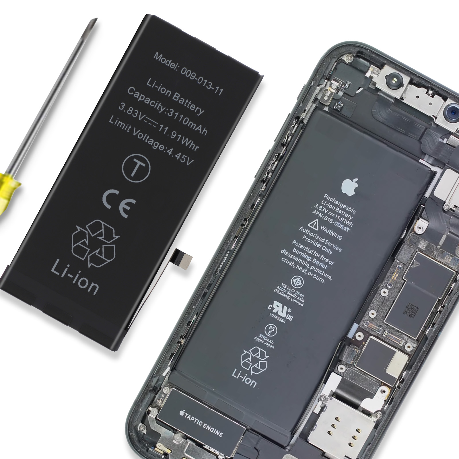 Ein iPhone-Akku und ein Werkzeug liegen neben einem geöffneten iPhone.