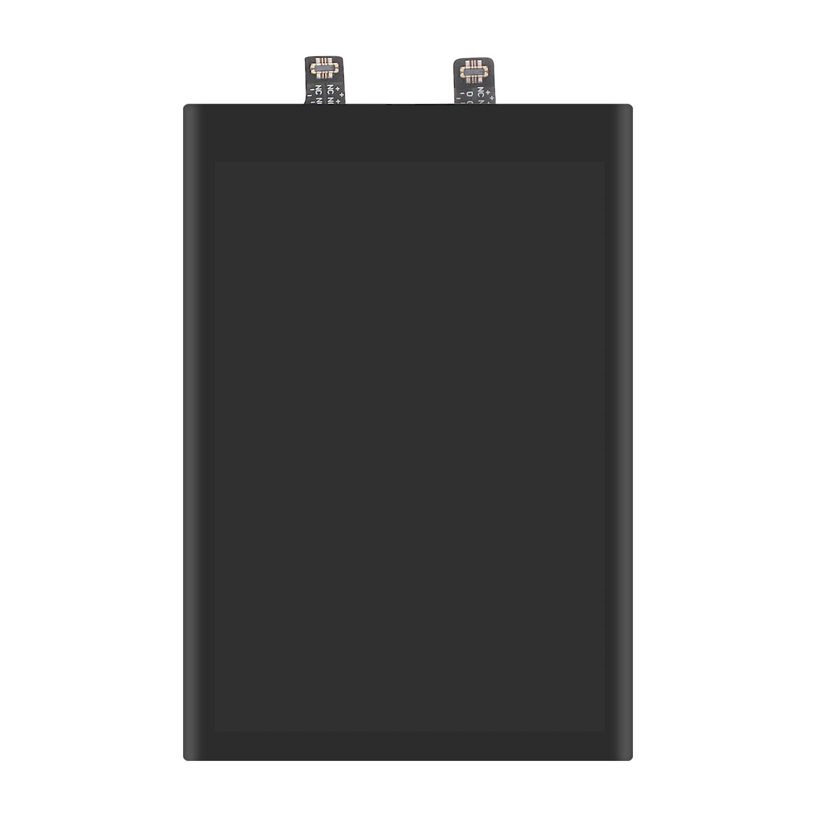 Una batteria nera con due sottili cavi di collegamento in cima.