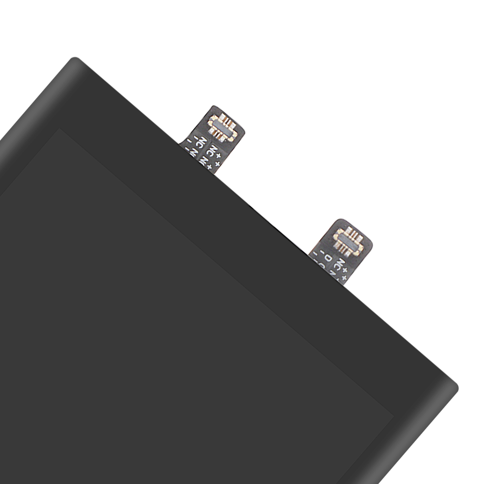 Batteria nera con due connettori etichettati NC e +.
