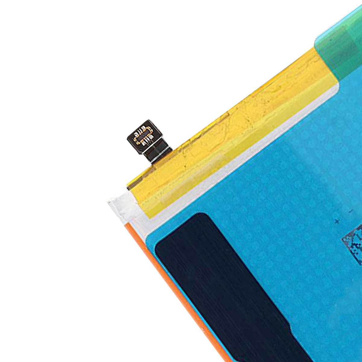 Nahaufnahme einer Batterie mit gelbem Klebeband, blauem Gehäuse und Anschluss.