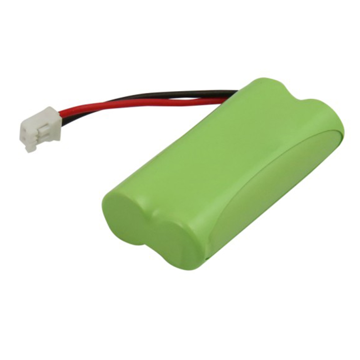 Un pacco batteria verde a due celle con connettore bianco e fili rosso e nero.