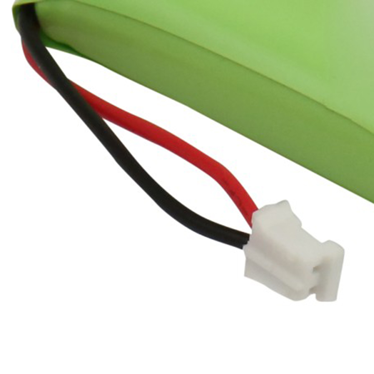 Batteria verde con cavi rosso e nero che conducono a un connettore bianco.