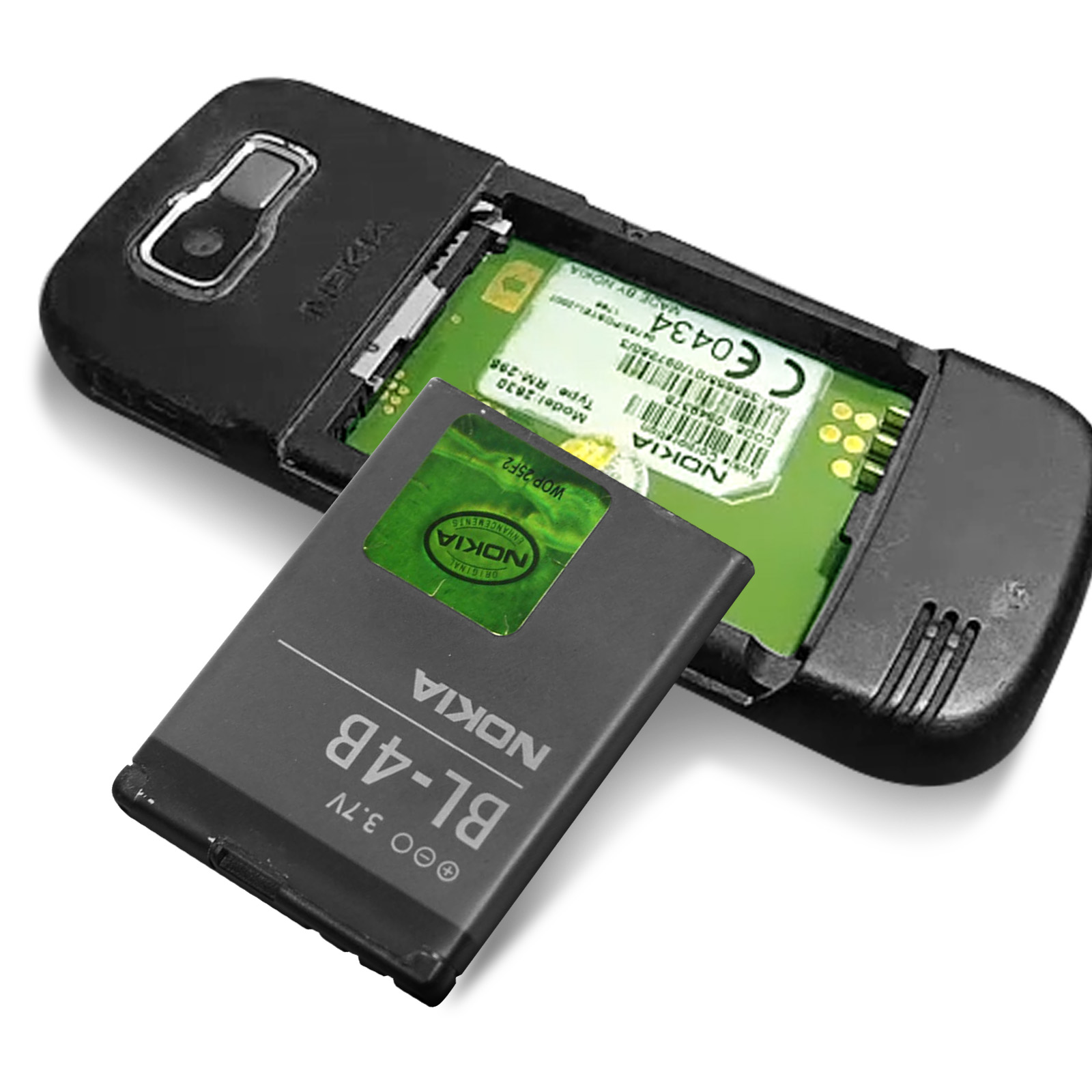 Un telefono Nokia con la cover posteriore rimossa, che mostra il vano batteria.