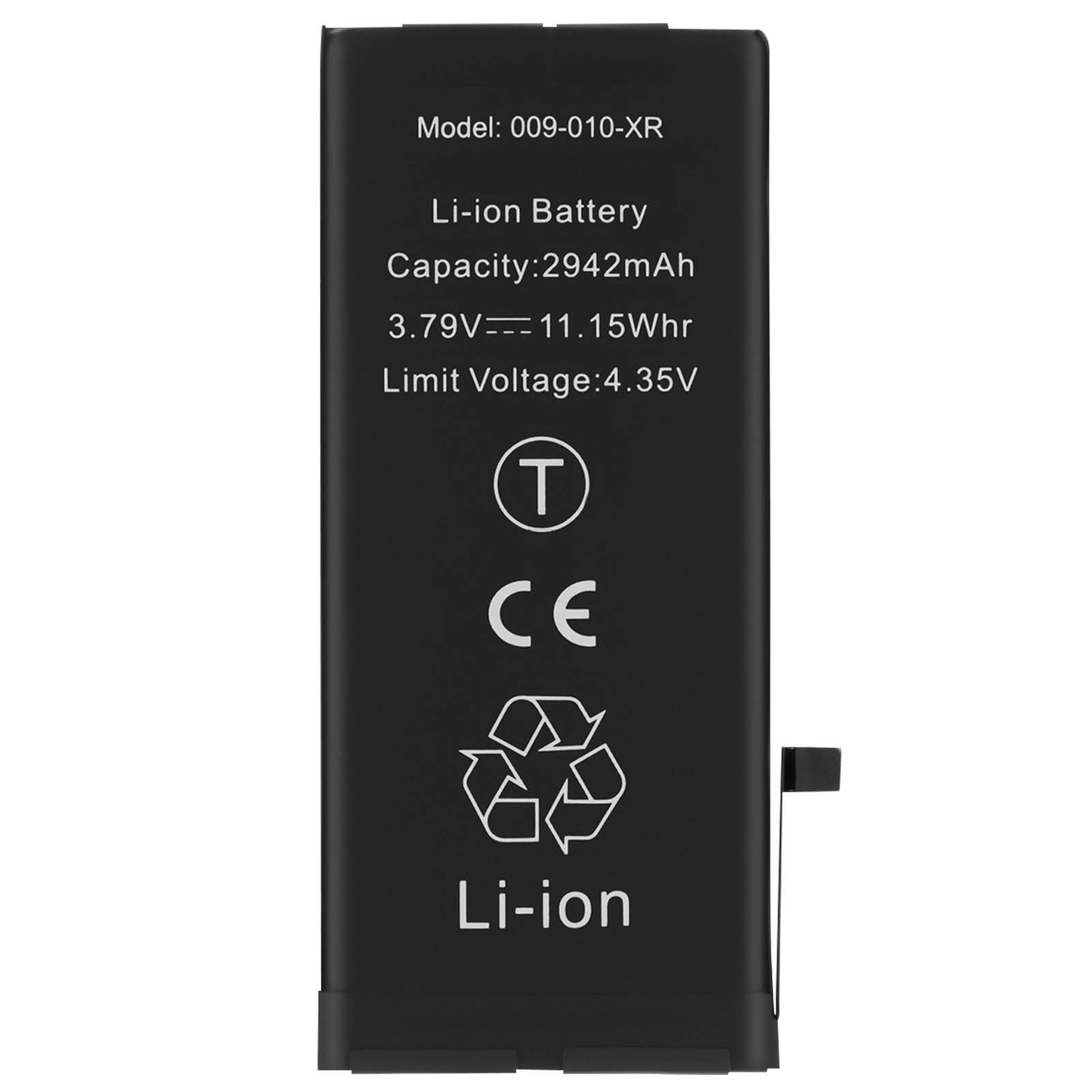 Batteria agli ioni di litio nera con numero di modello e specifiche.