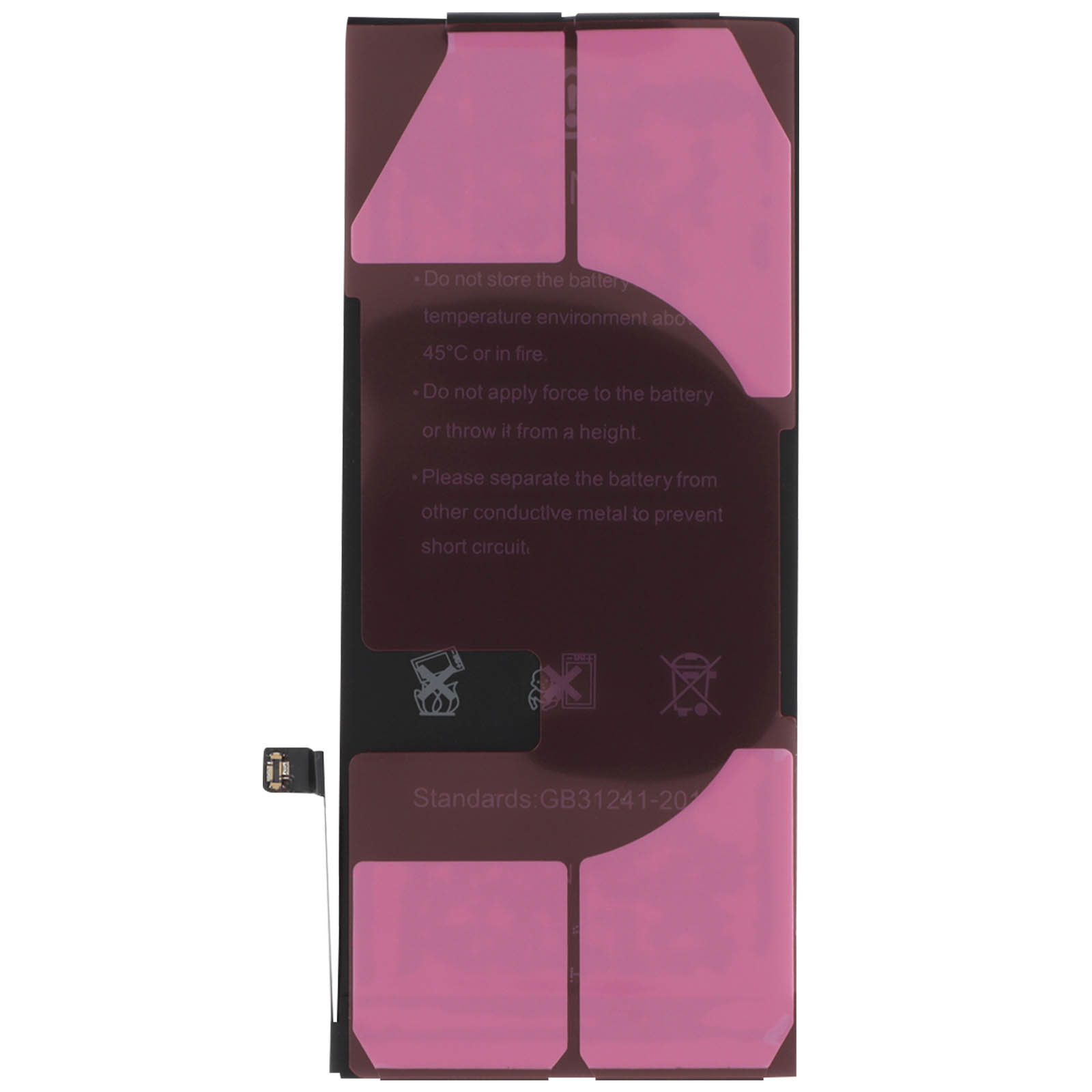 Batteria scura con etichette di avvertenza e pellicole protettive rosa.