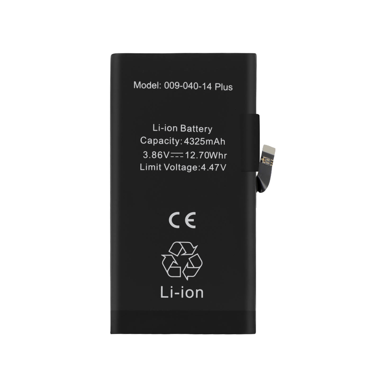Batteria nera Li-ion con numero di modello e specifiche tecniche.