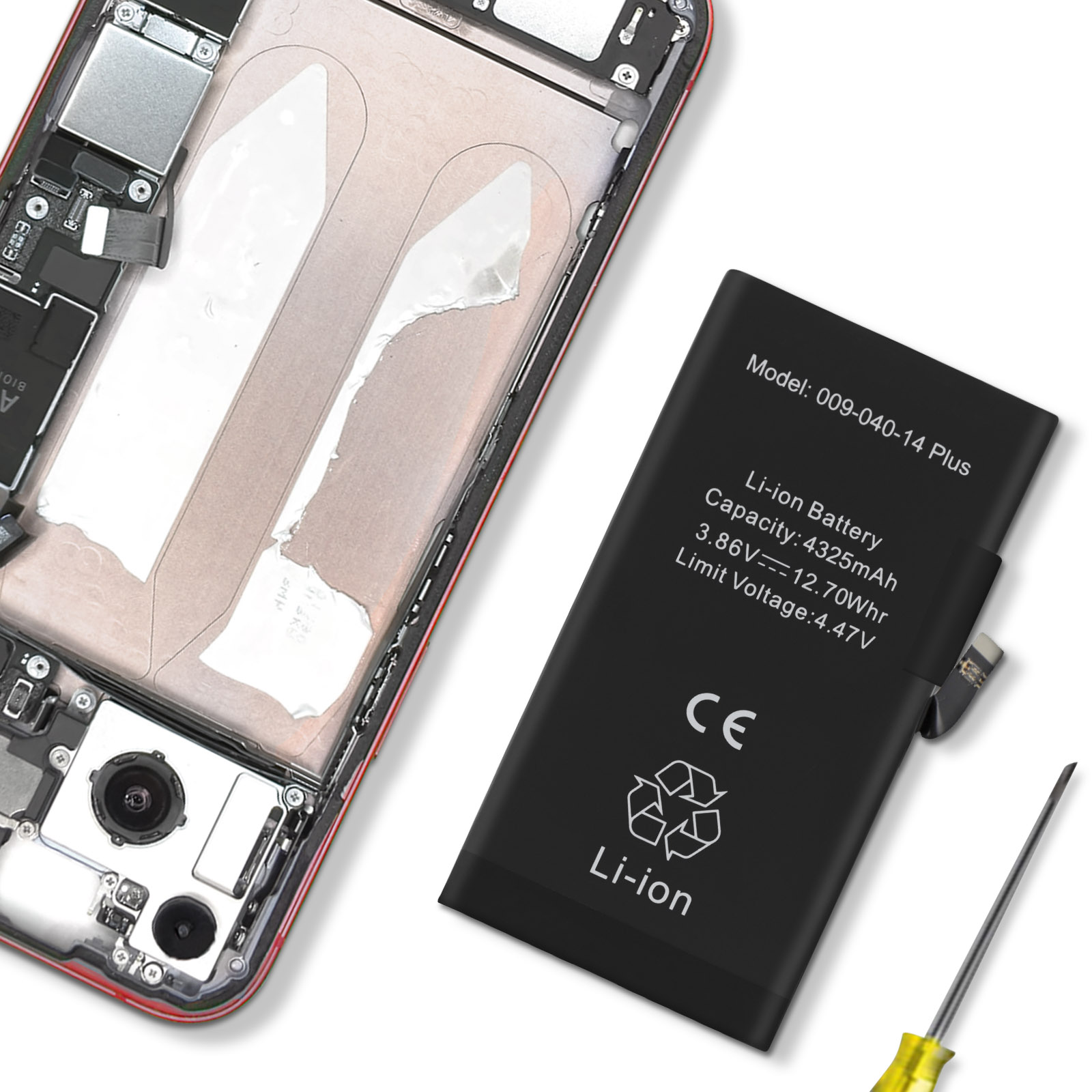 Uno smartphone smontato con una nuova batteria agli ioni di litio nera accanto.