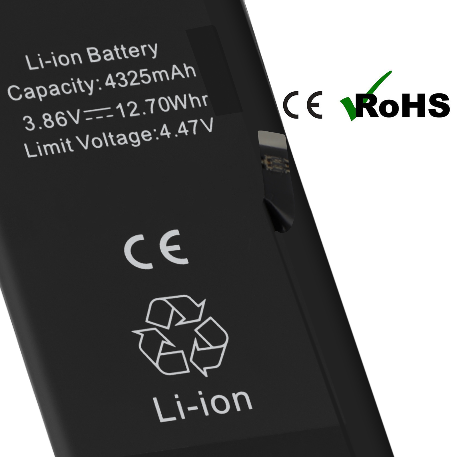 Batteria Li-ion nera con specifiche e sigilli CE/RoHS.