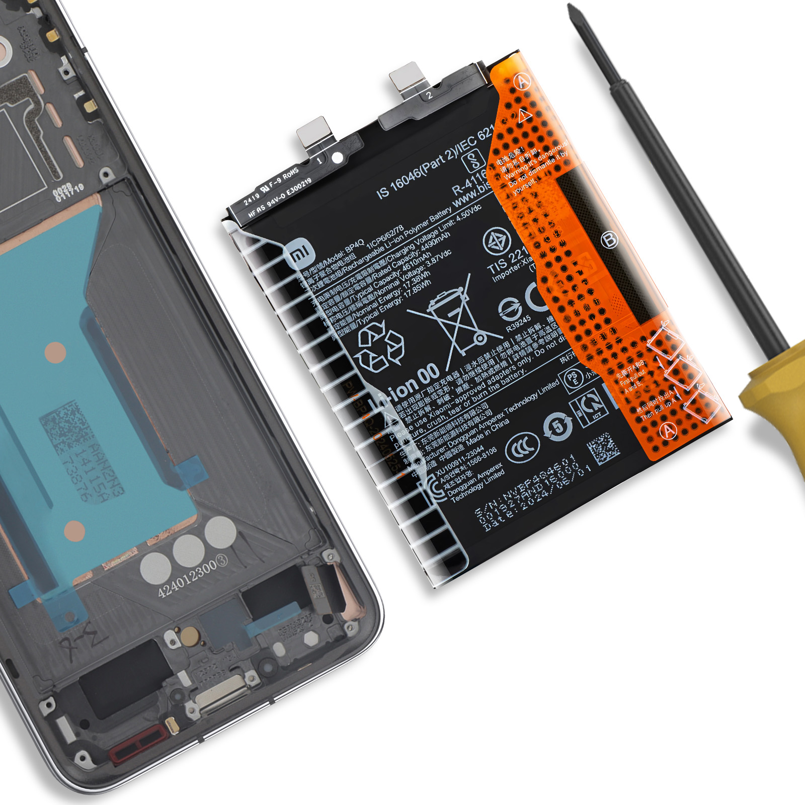 Ein Smartphone-Gehäuse und eine Batterie liegen daneben, daneben ein Schraubenzieher.