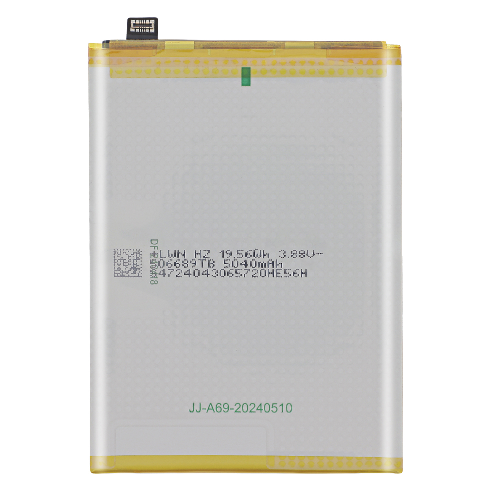 Una batteria bianca con bordo giallo e cavo connettore. Testo e codice QR.