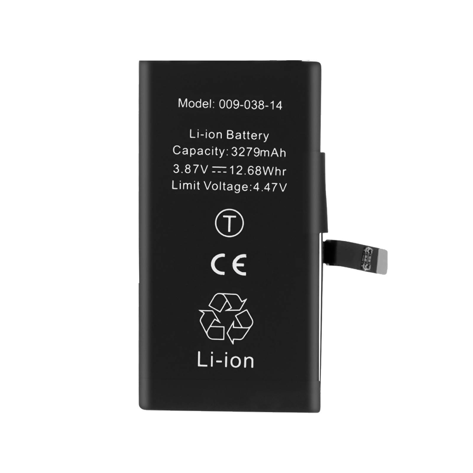 Batteria agli ioni di litio nera con numero modello, capacità e voltaggio su sfondo bianco.