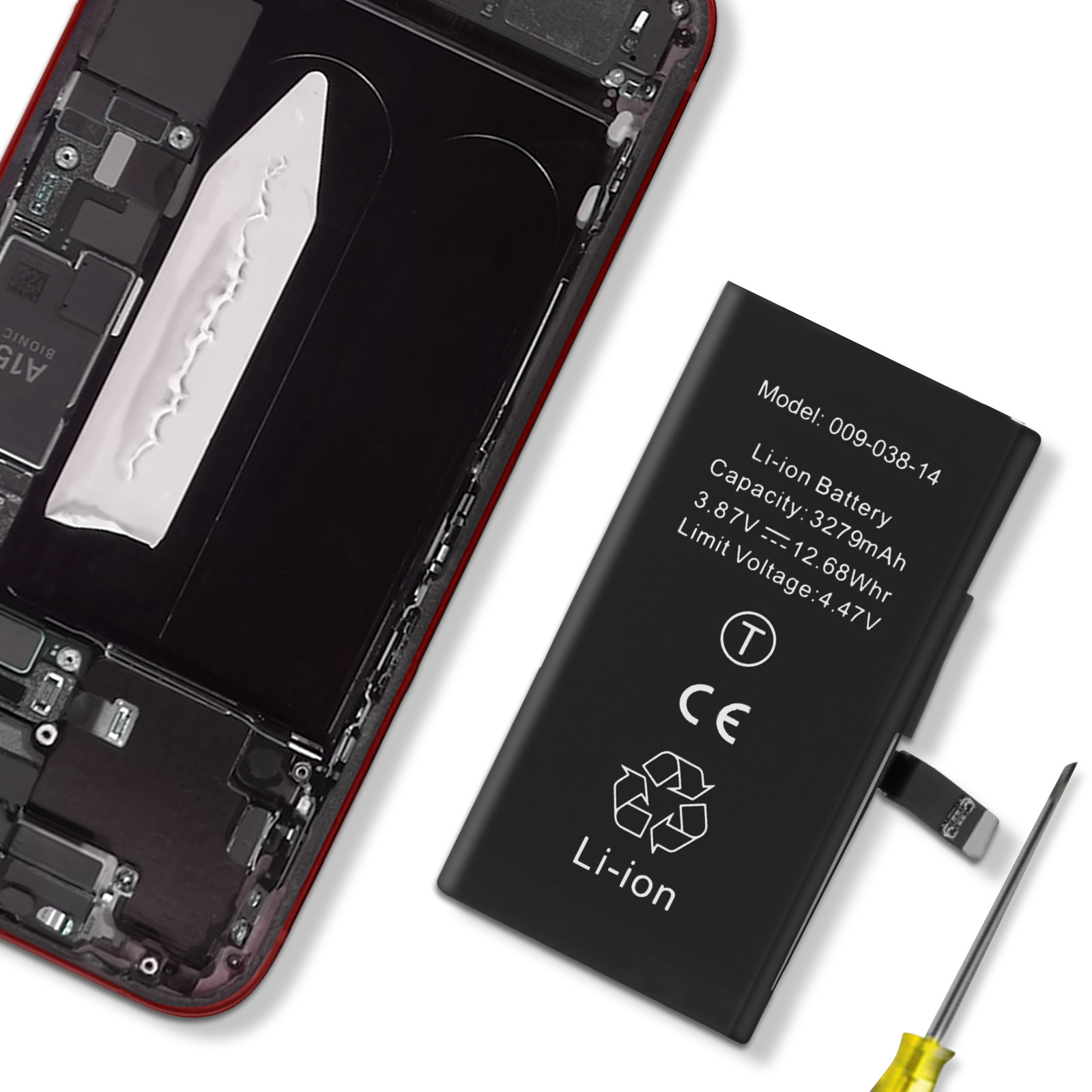 Interno di smartphone con circuito esposto e batteria Li-ion accanto.