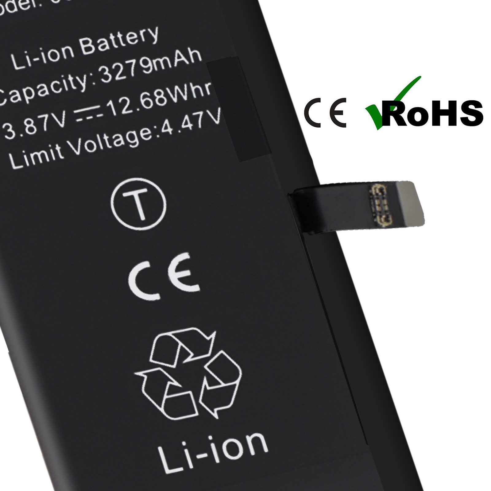 Batteria nera Li-ion con specifiche, logo CE e RoHS.