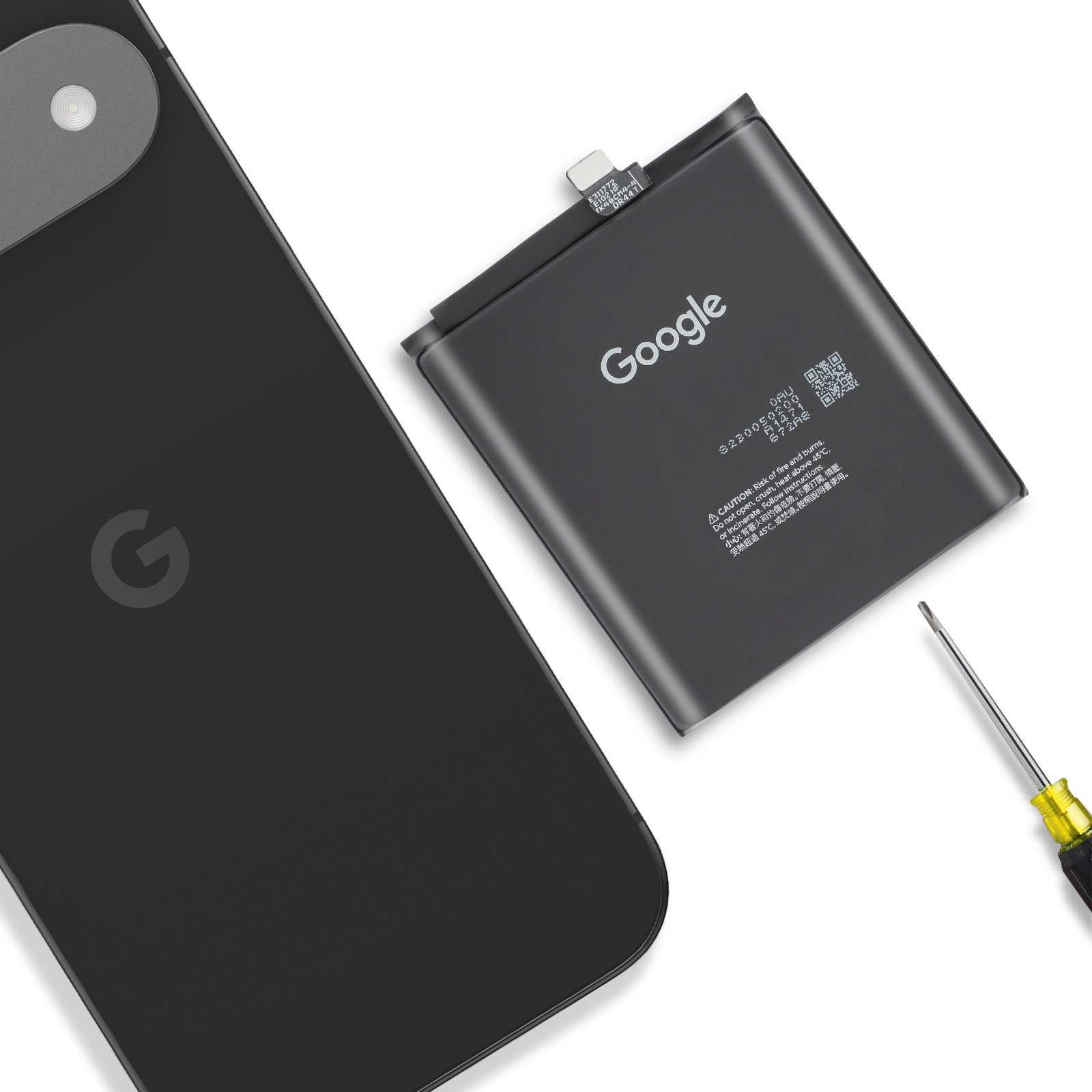 Telefono Google Pixel nero, batteria di ricambio e cacciavite su sfondo bianco.