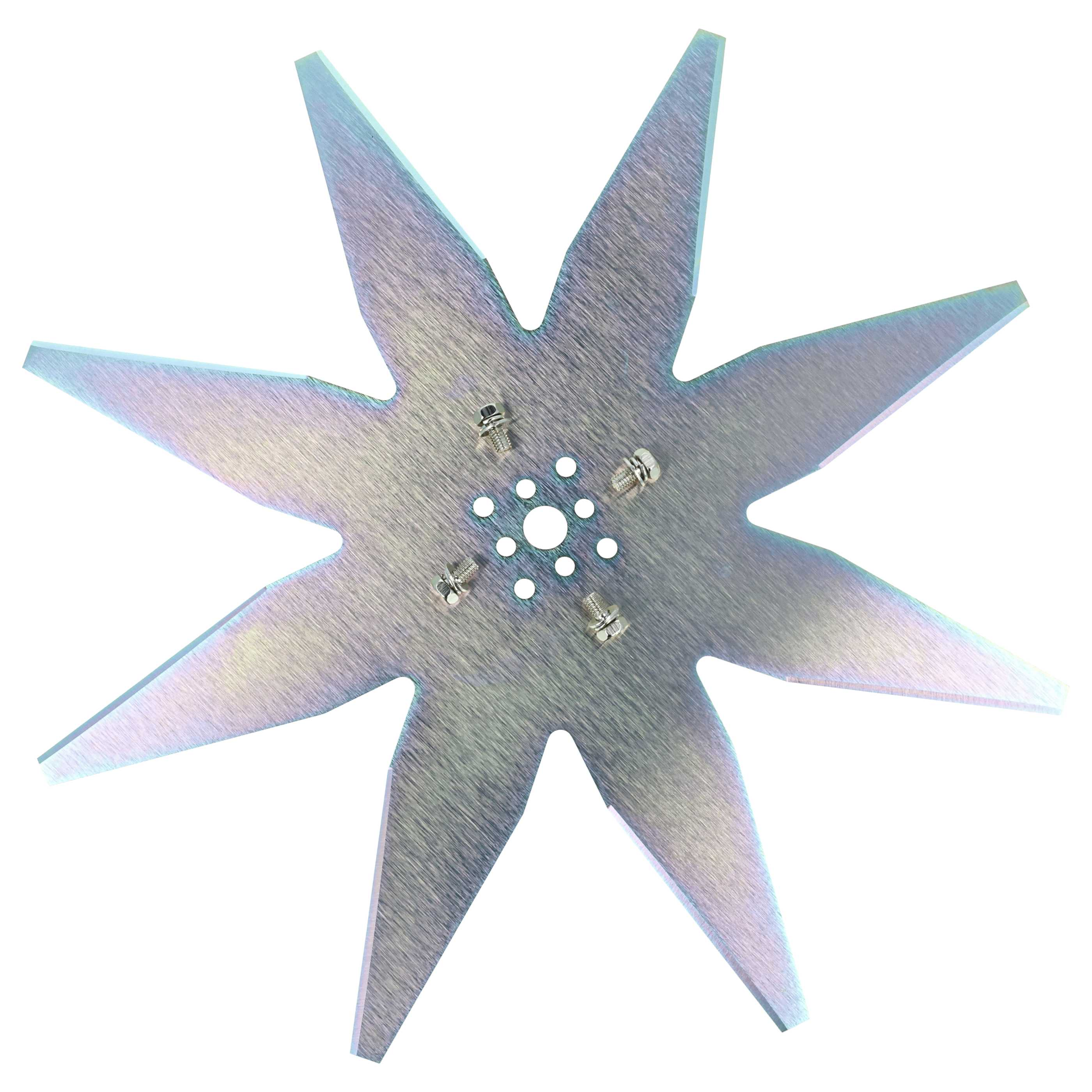 Eine sternförmige Metallklinge mit acht Zacken, mittig mit Schrauben befestigt.