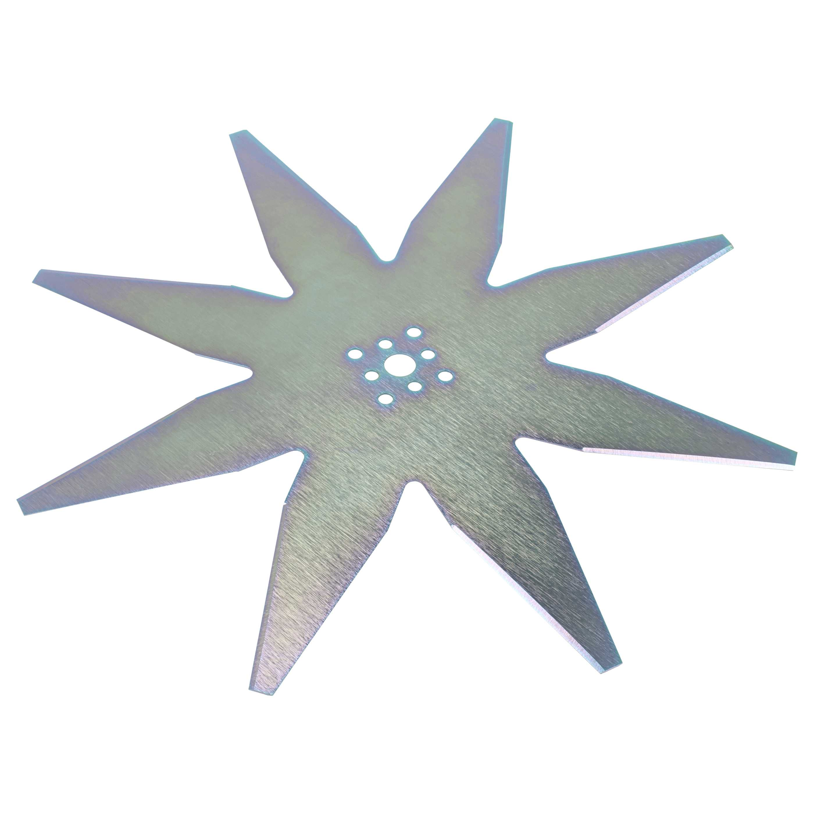 Eine sternförmige Metallklinge mit acht Zacken und zentralen Bohrungen.