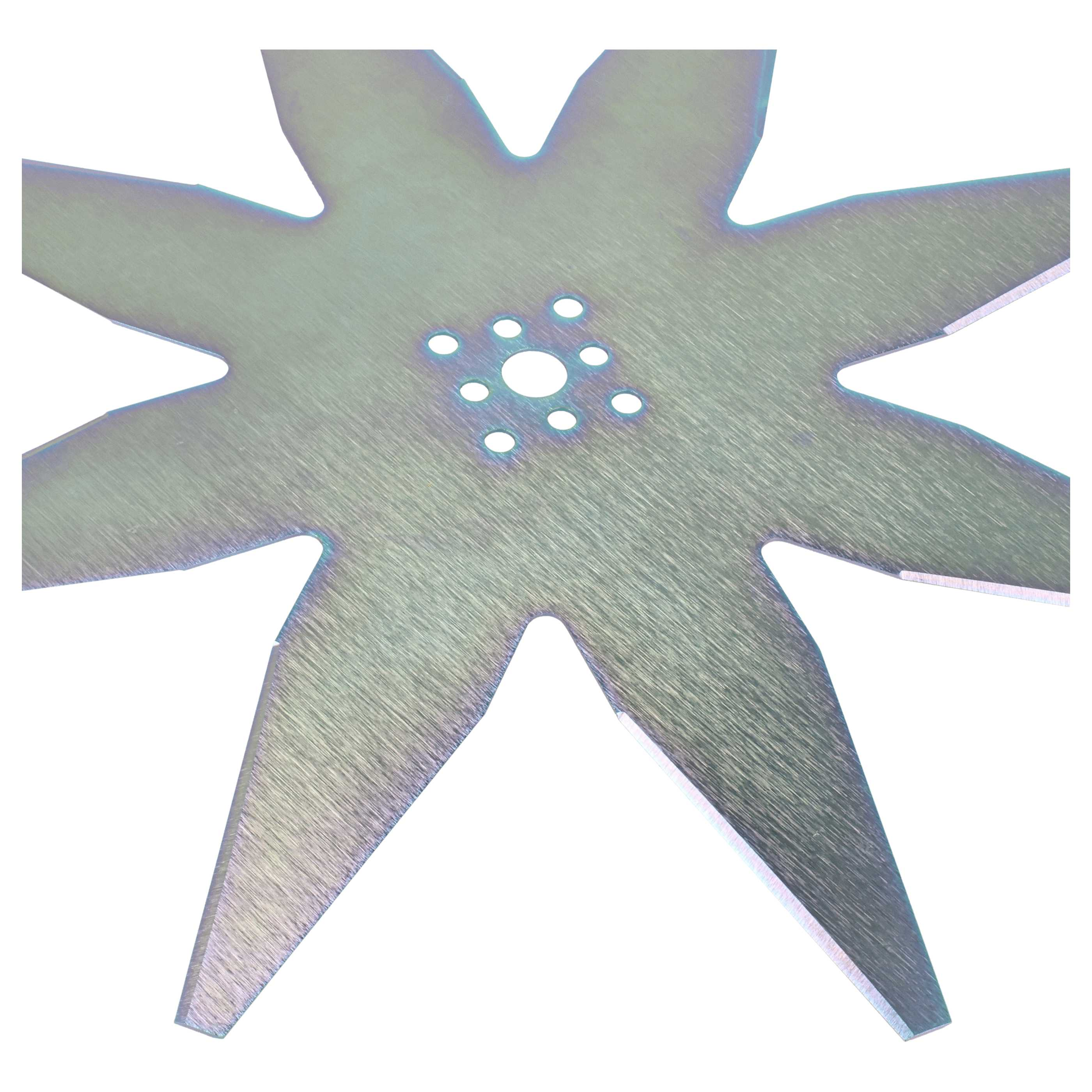 Eine sternförmige Klinge aus Metall mit acht Spitzen und einem zentralen Loch.