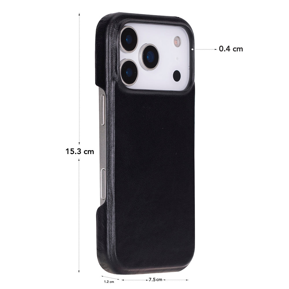 Siyah telefon kılıfı, boyutları 15,3 cm x 7,5 cm, 0,4 cm kalınlık.