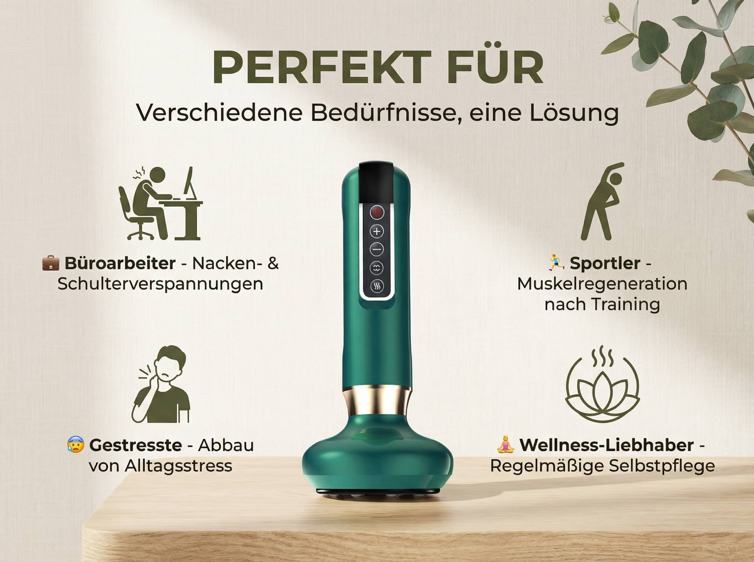 Ein grünes Massagegerät mit Symbolen für Büroangestellte, Sportler und Wellness.