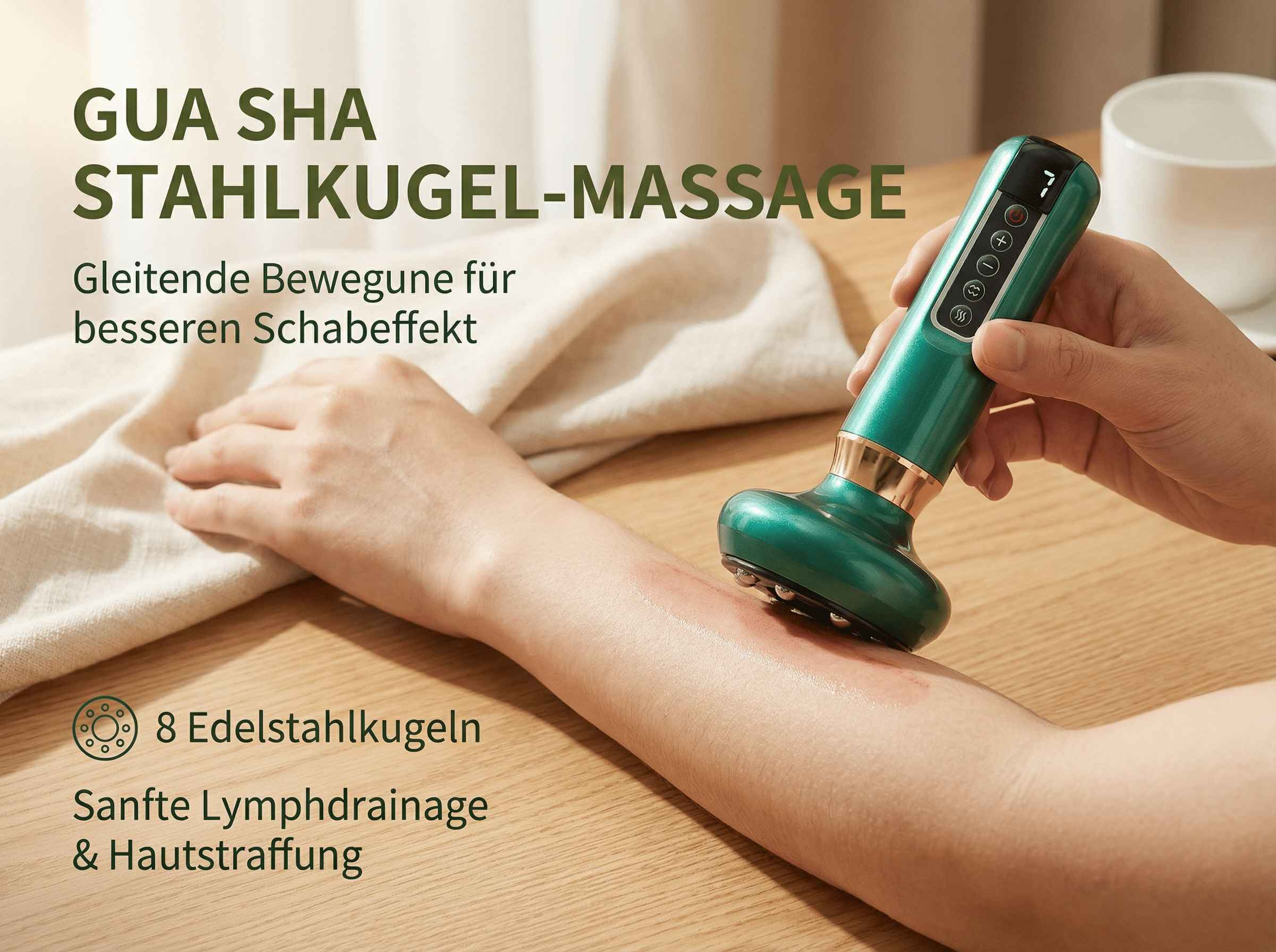 Grünes Massagegerät mit Stahlkugeln wird auf einem Arm angewendet.
