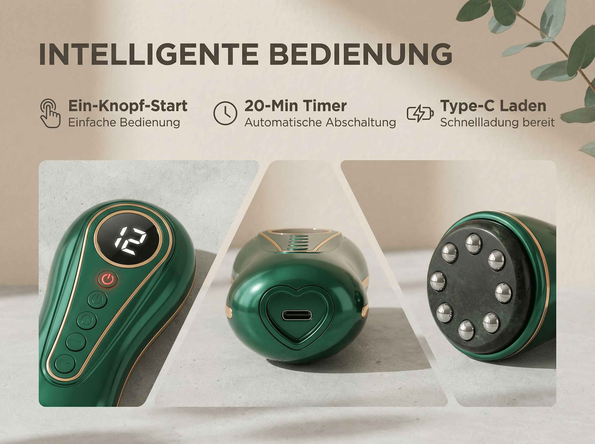 Grünes Gerät mit Display, Timer und Ladeanschluss. Intelligente Bedienung.