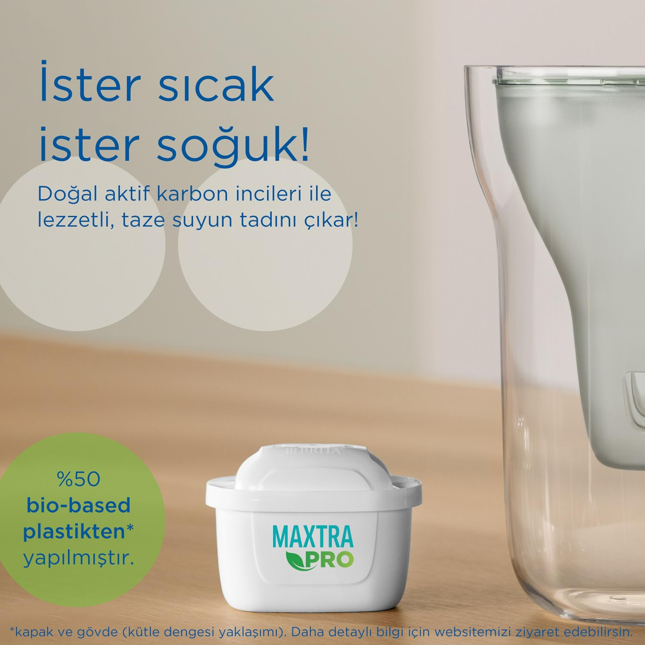 Una cartuccia filtrante per acqua bianca con testo MAXTRA PRO accanto a una caraffa di vetro.