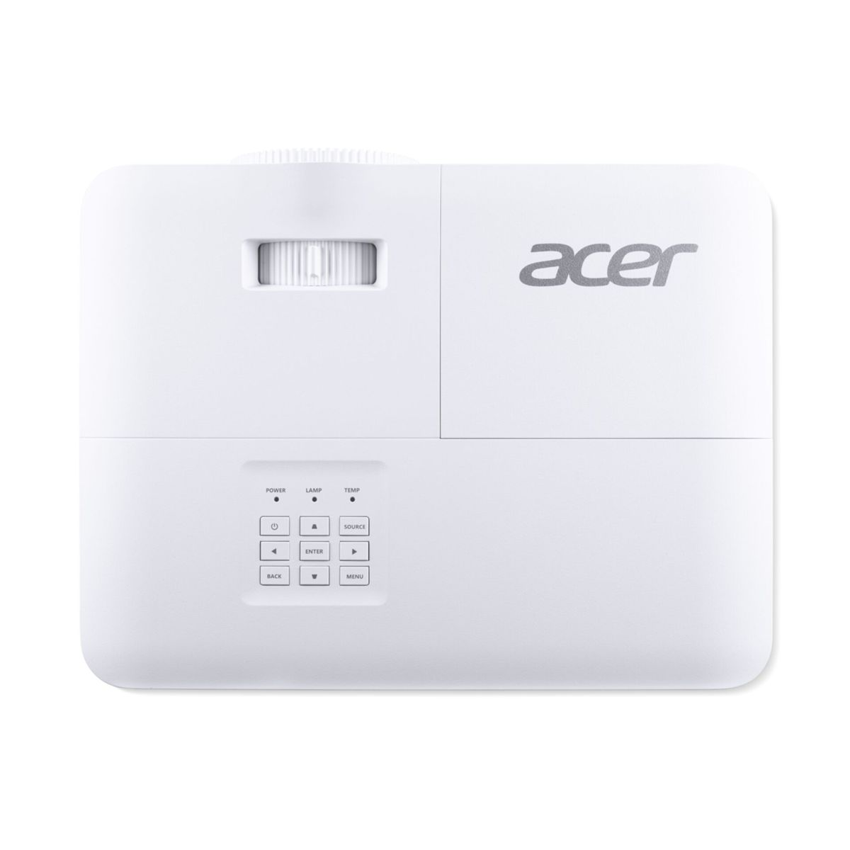 Un projecteur Acer blanc avec molette de mise au point, boutons et logo Acer.