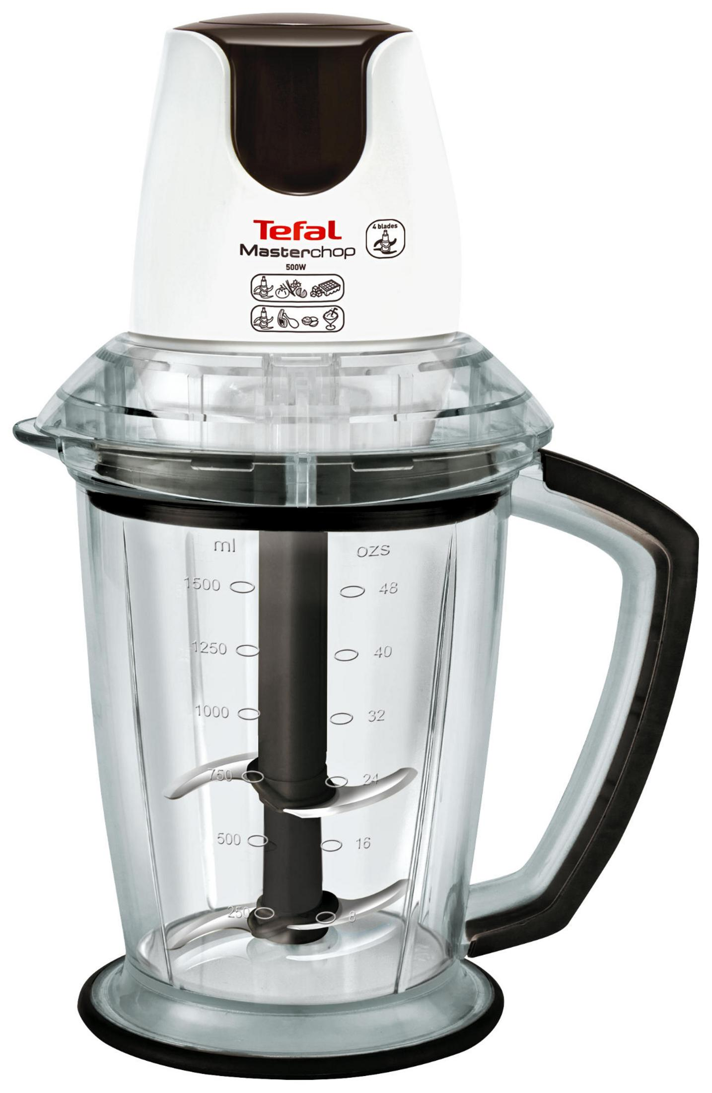 Şeffaf hazne ve 4 bıçaklı beyaz Tefal Masterchop 500W doğrayıcı.