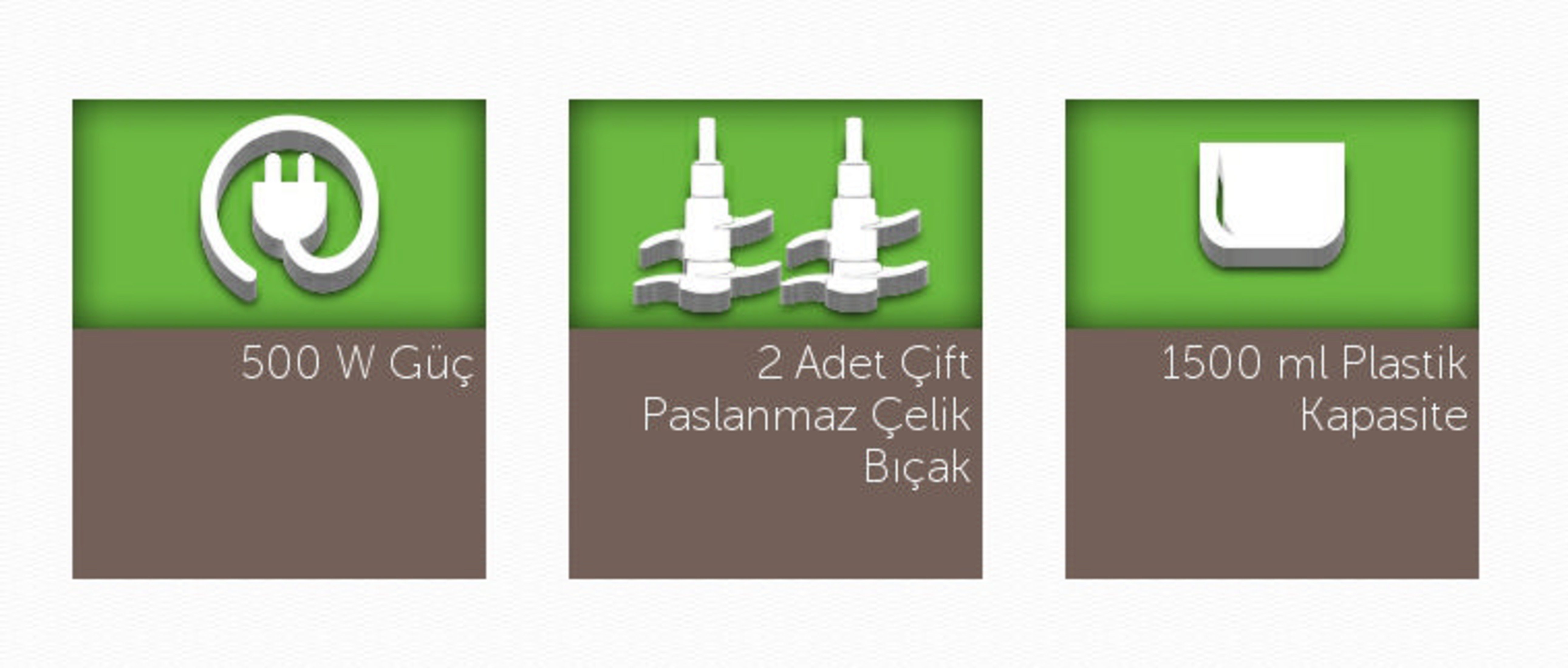 Üç simge: fiş, bıçaklar, bardak. Yazı: 500W, 2 bıçak, 1500ml.