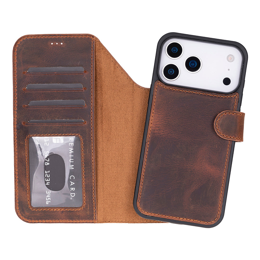 BLOOMINBAG BloomCase Apple iPhone 17 Pro (6.3") Uyumlu Hakiki Deri Çıkarılabilir Cüzdanlı Telefon Kılıfı Saddle Brown