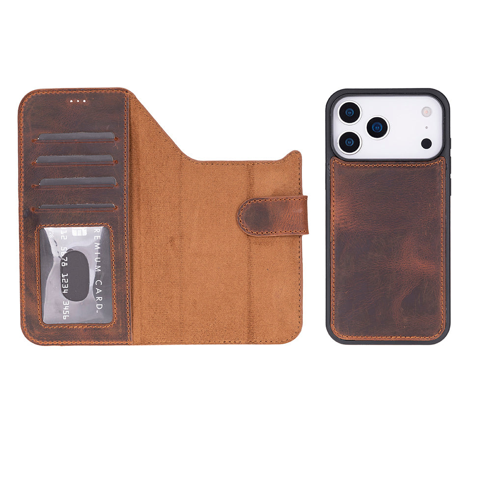 Kart yuvalı ve mıknatıslı kapaklı kahverengi deri telefon kılıfı ve cüzdan.